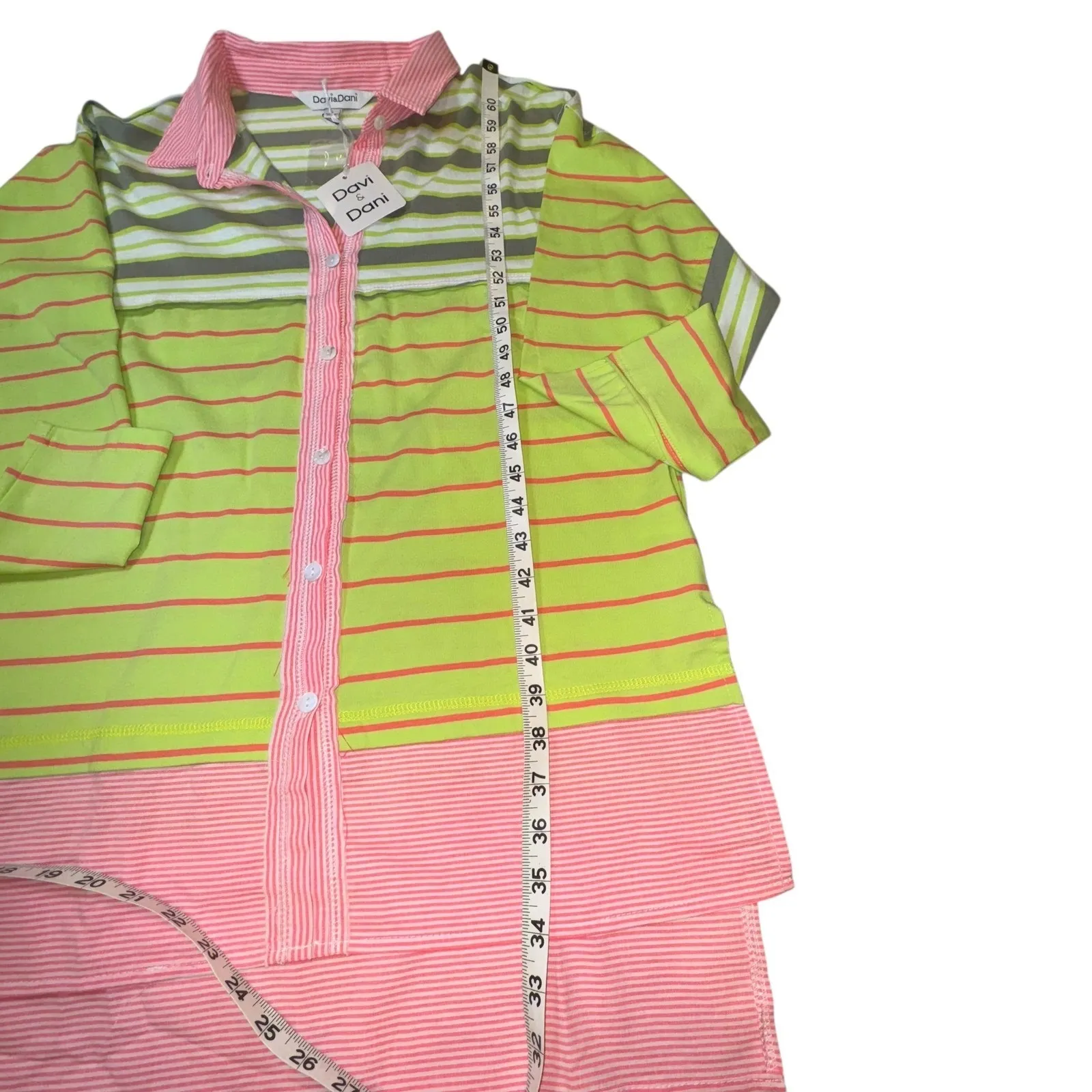 Davi & Dani Striped Button Down Shirt WM Size Medium Neon Green Pink White Gray - Image 11