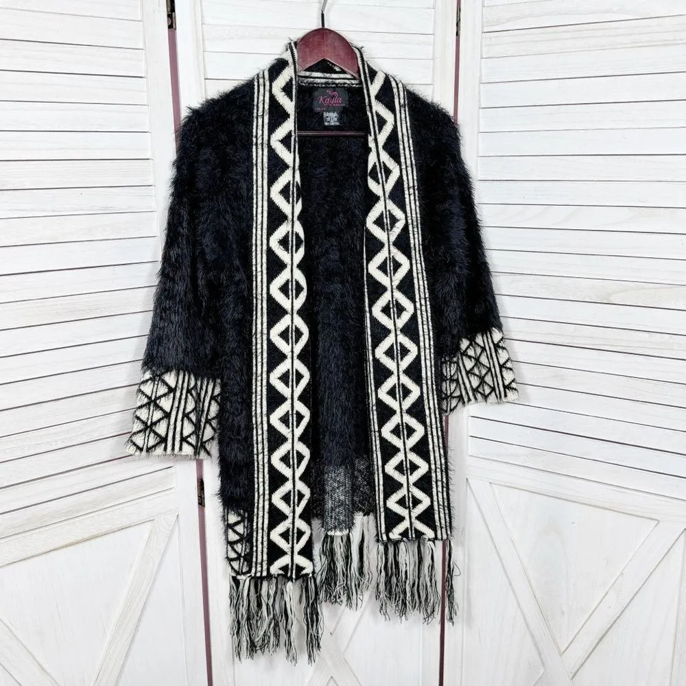 Kayla by Tally Taylor Fuzzy Knit Fringe Hem Boho Cardigan Sweater Black Small - Image 7