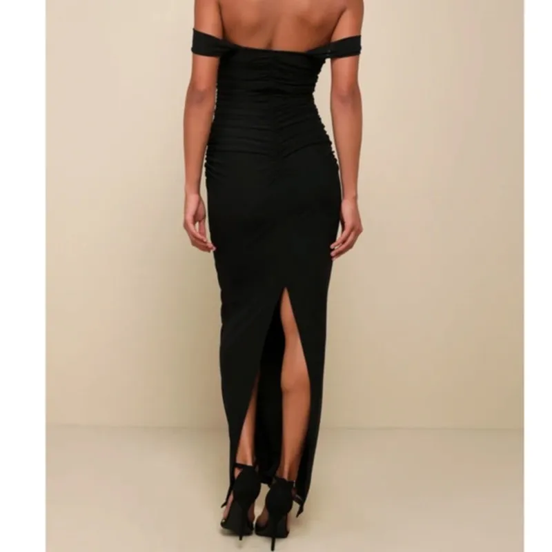 Lulus NWOT Amazing Presence Black Mesh Flirty Ruched Column Maxi Dress Small - Image 9