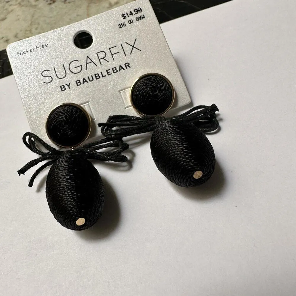 Sugar Fix Baublebar Pierced Earrings Gold Tone Black Cloth Wrap Dangle Drop NWT - Image 7