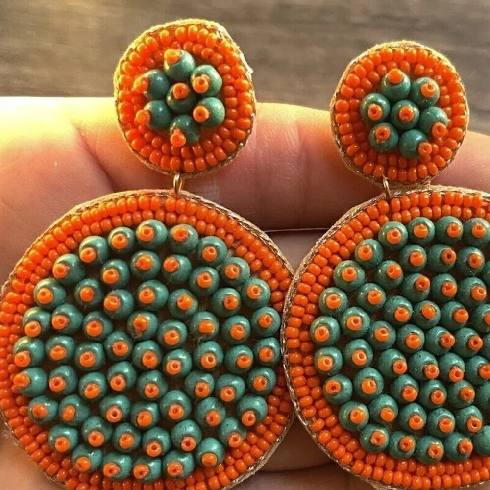 Vintage Modern Green Orange Bead Tassle Earrings Boho Western Dangle Statement - Image 6