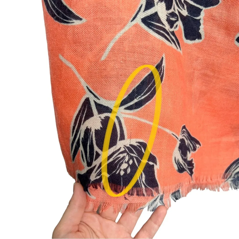 Salmon & Navy Blue Tulip Floral Print Rectangle Large Scarf With Mini Fringe Orange - Image 12