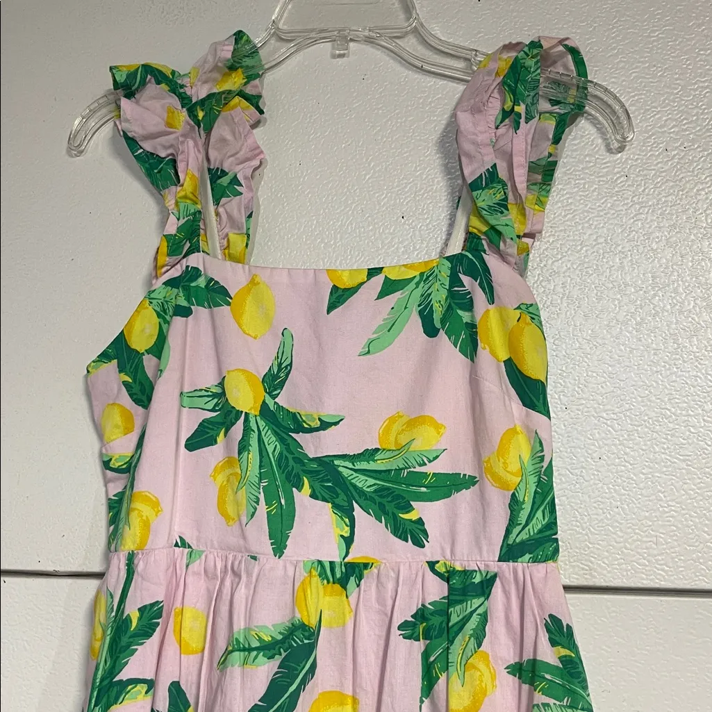 J CREW WOMENS LEMON PRINT SQUARE NECK MIDI TIERED DRESS 2 PINK COTTON - Image 3