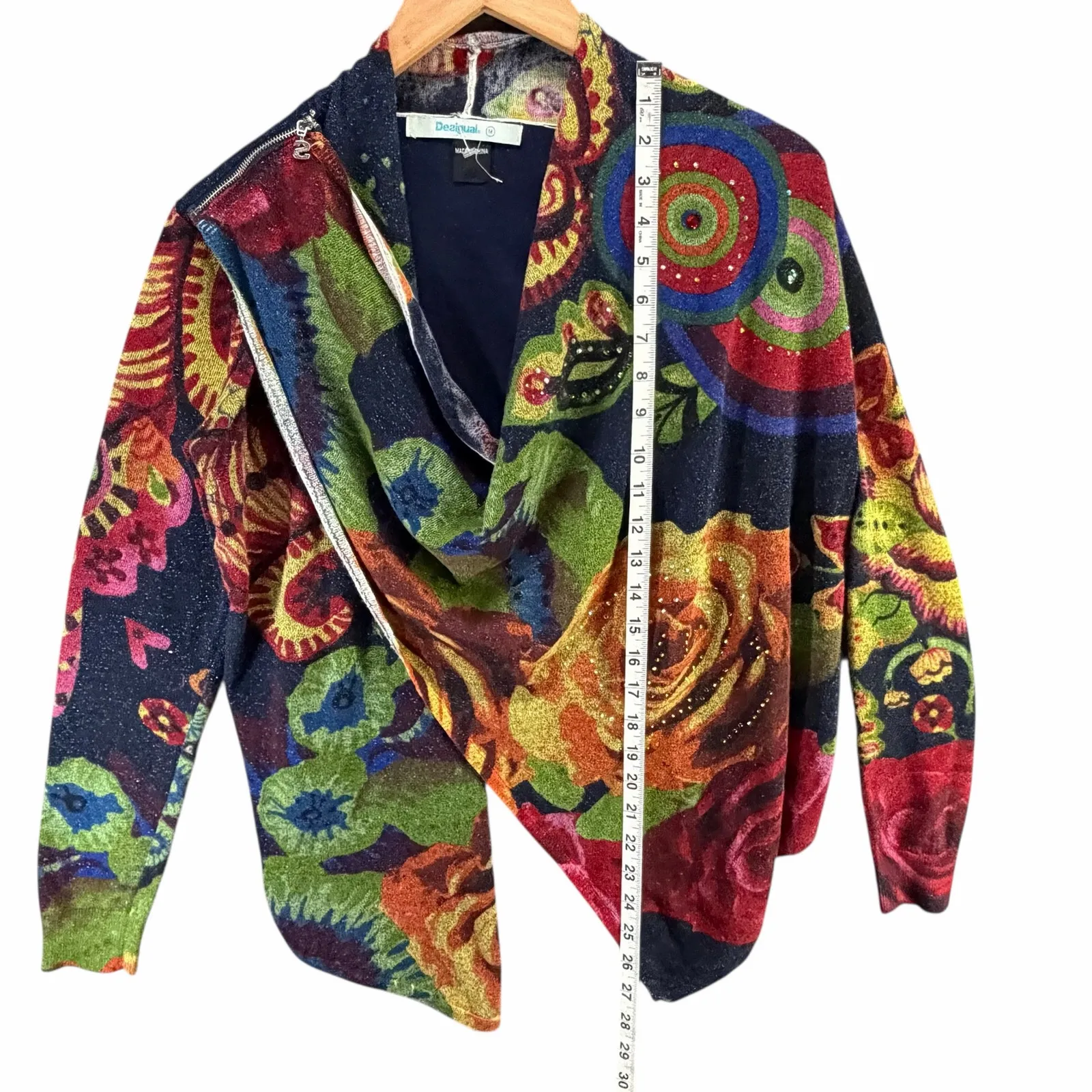 Desigual Beni Cardigan Sweater Women M Multicolor Floral Asymmetrical Boho Artsy - Image 11