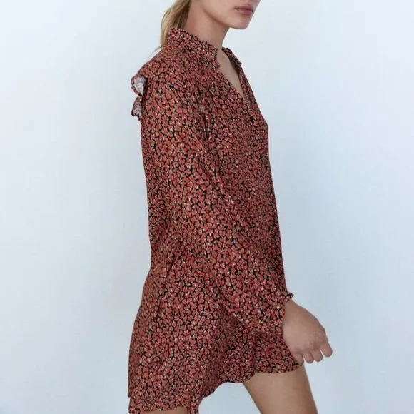 NEW Zara Red Floral Printed Button Ruffle Shoulder Long‎ Sleeve Mini Dress SZ XS - Image 4