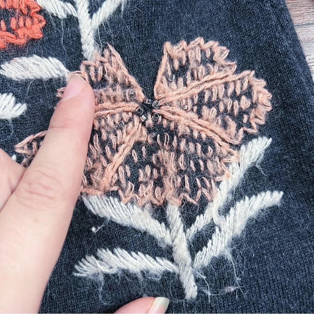 Knitted & Knotted • Anthro Kilda Sweater grey orange floral embroidered pullover - Image 7