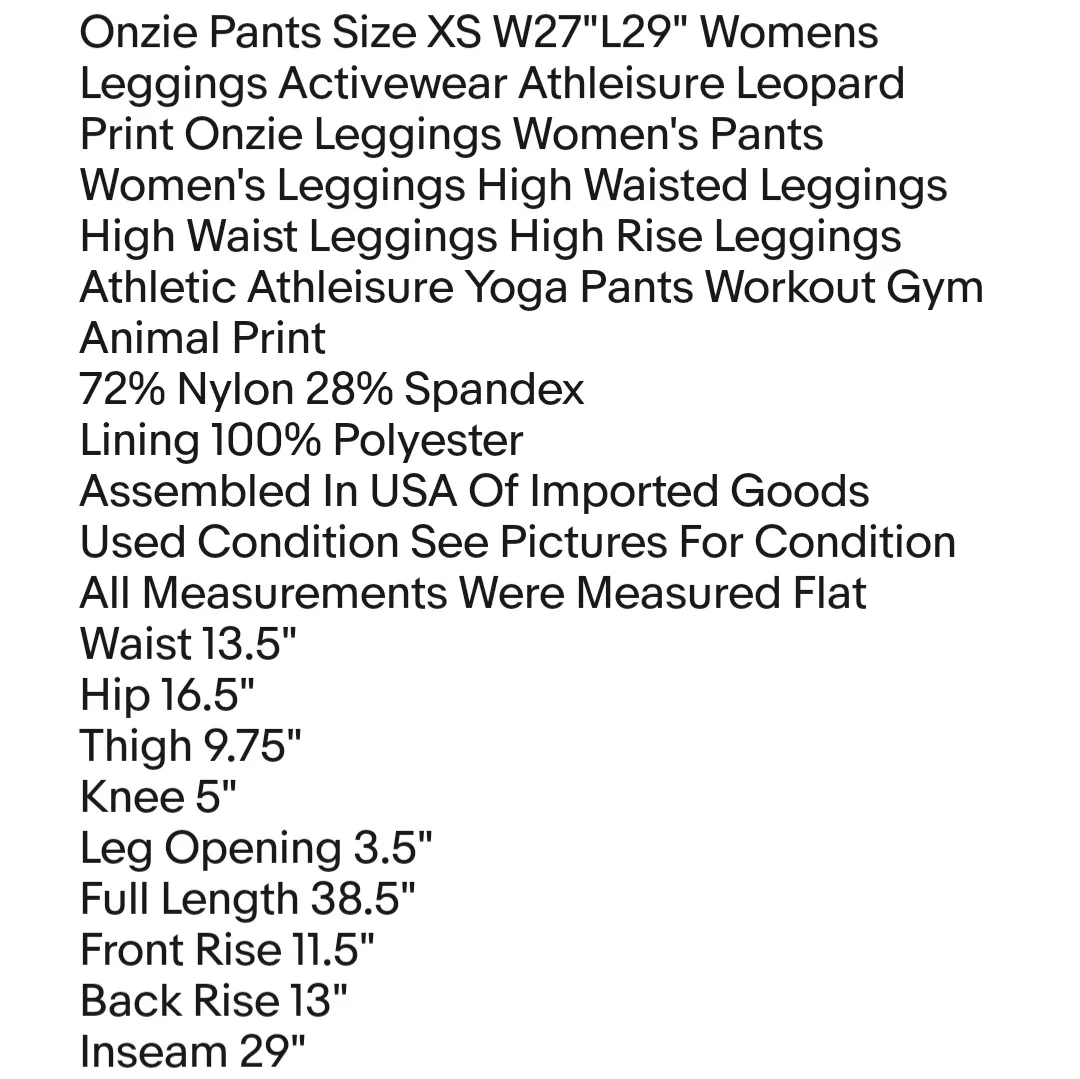 Onzie Pants Size XS W27"L29" Womens Leggings Activewear Athleisure Leopard Print - Image 2