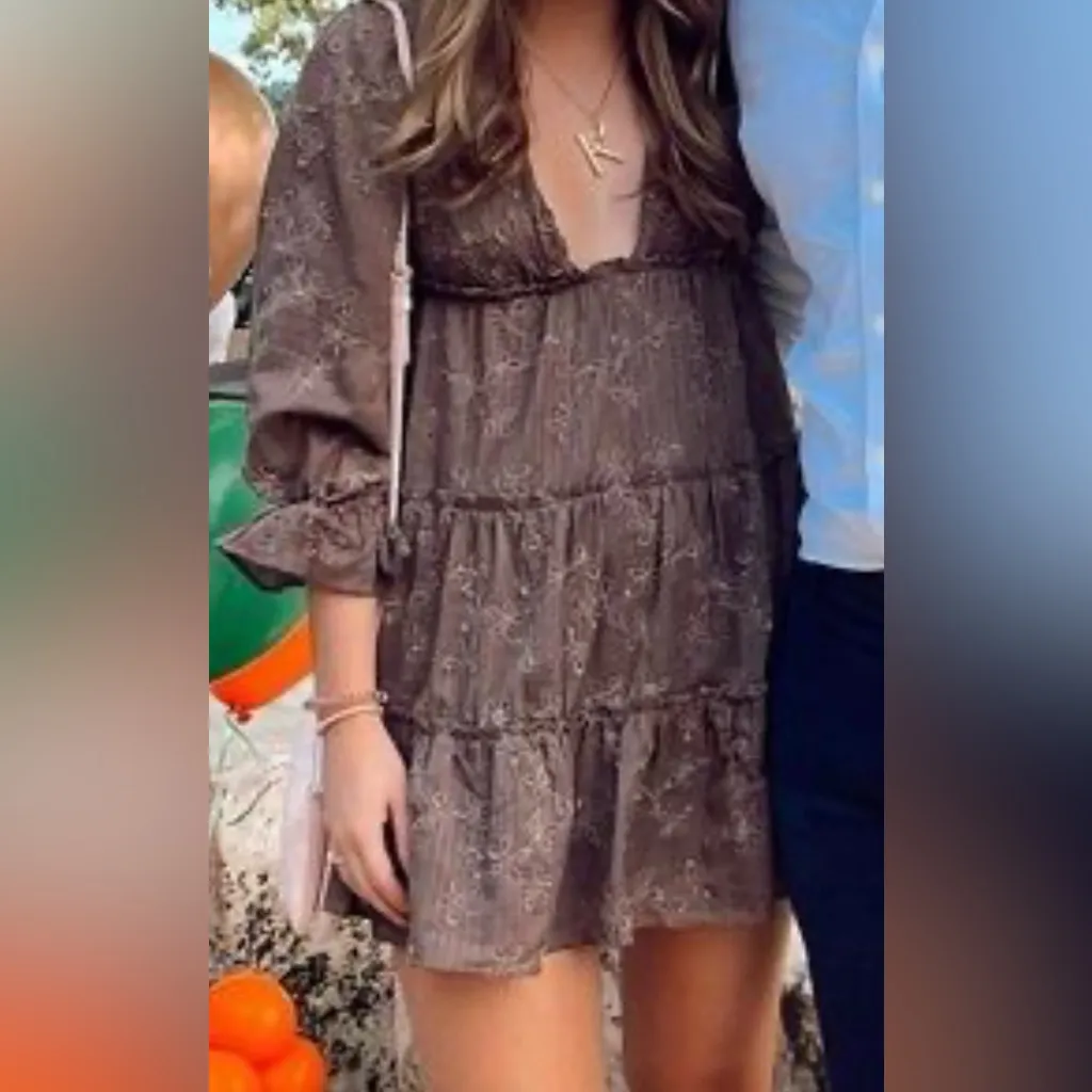 STORIA Brown Tiered Babydoll Mini Dress Long Sleeve Embroidered Floral Size S - Image 11