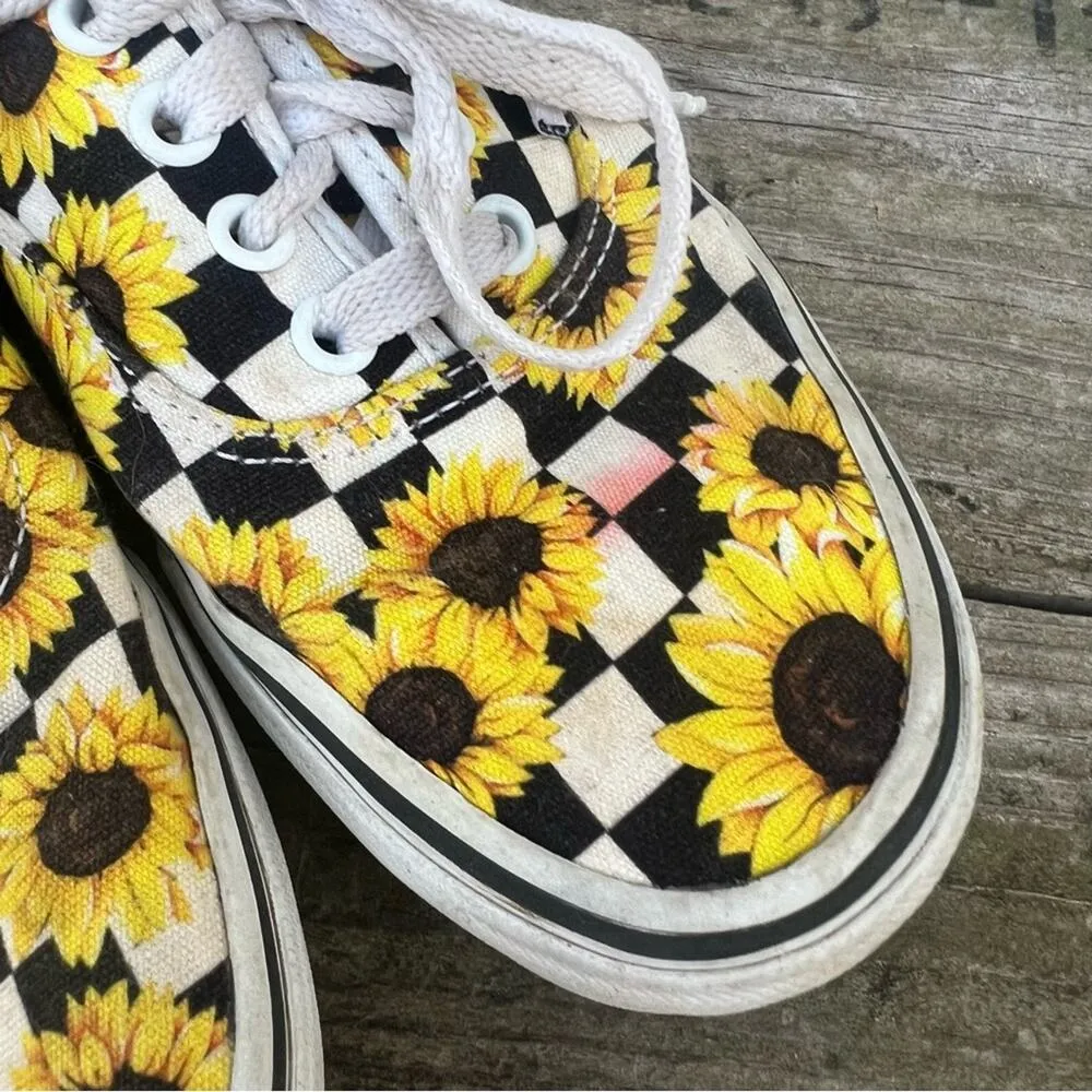 Vans Black White Checkerboard Sunflower Sneakers Size 5 - Image 2