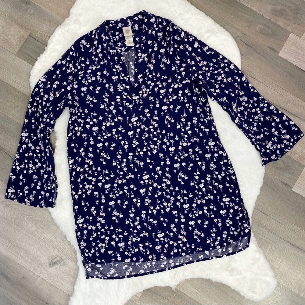 In Bloom Floral Bell Sleeve Tunic Shirt Dress Blue White Small - Image 11