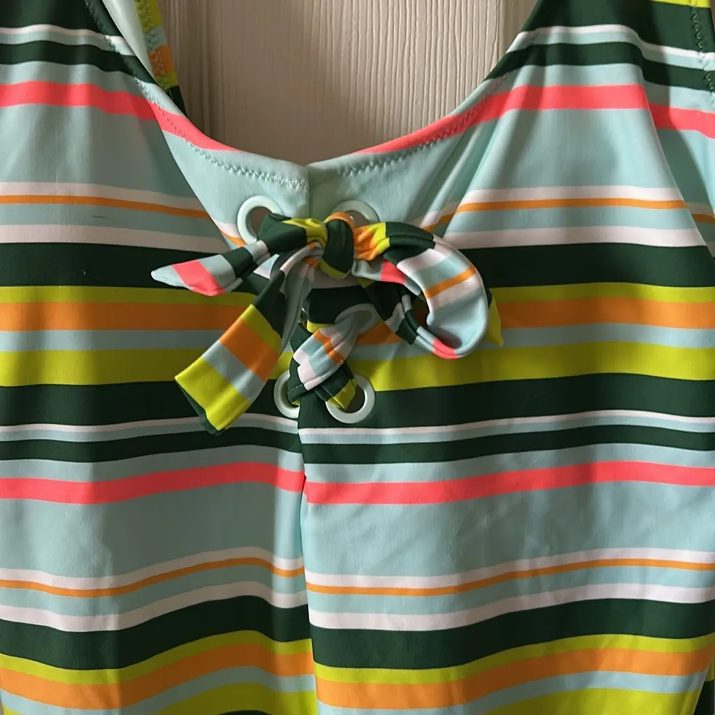 AERIE Women’s Striped‎ One Piece Tie Front One Piece Bathing Suit Sz Large - Image 9