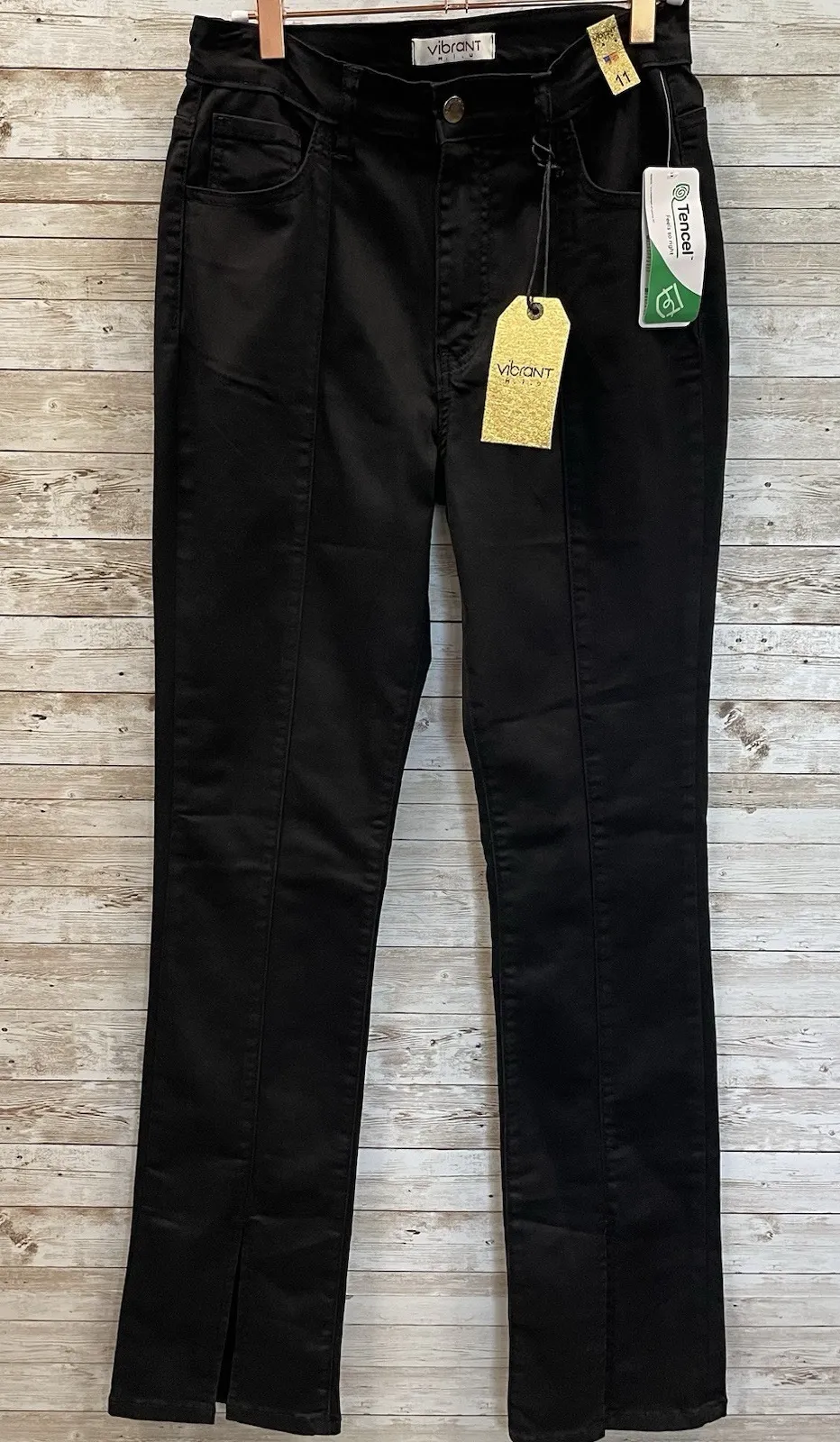 Vibrant Miu Womens 11/29 Jeans Black Stretch Front Slit Tencel 5-Pocket NWT - Image 1