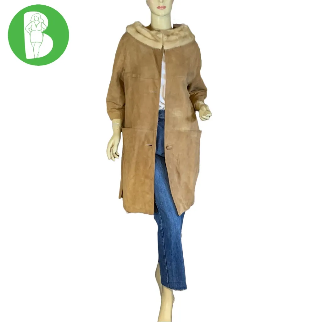 VINTAGE 1970'S BROWN SUEDE W/BLONDE MINK COLLAR SWING COAT (M) Size M - Image 2
