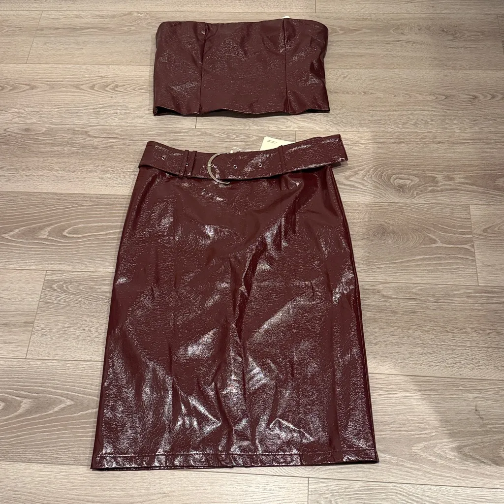 Peppermayo Wynnie Faux Leather Midi Skirt and Strapless Top Set Cherry Red 8/10 - Image 3