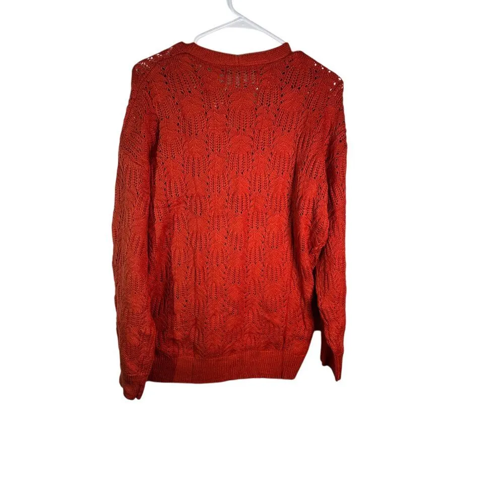 Merokeety orange Pointelle Knit Wrap Sweater Cozy Fall Winter Pullover XL - Image 4