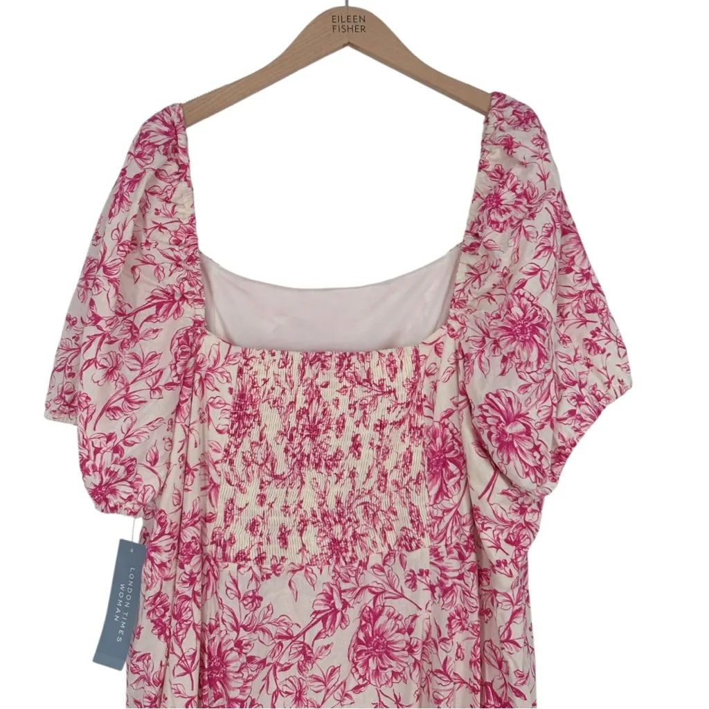 London Times Puff Sleeve Pink Floral Print Midi Dress size 24W Square Neck NWT - Image 7