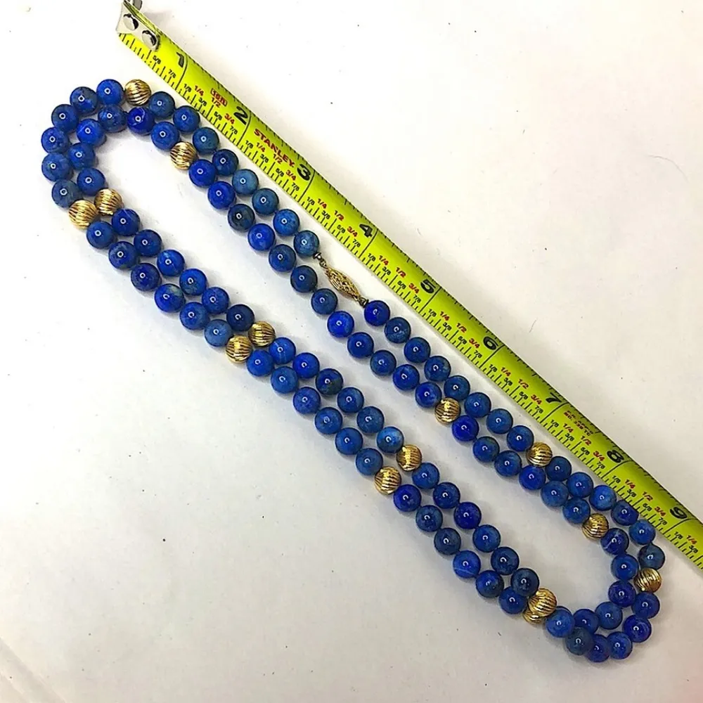 VINTAGE Lapis Lazuli 14k Gold Sculpted Beads & Clasp Hand Knotted Necklace - Image 10