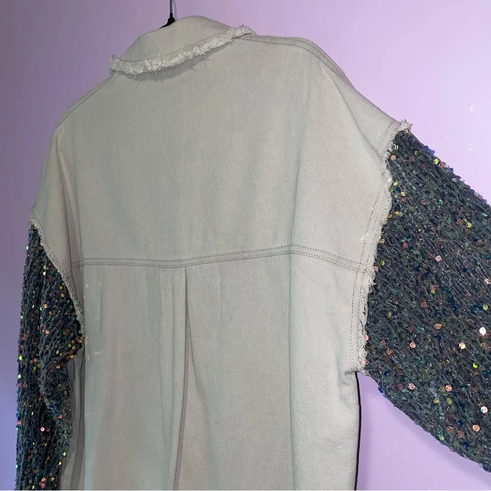 Light Grey Jean Jacket M Oversized Blue Velvet Sequins Cotton Blend Size M - Image 8