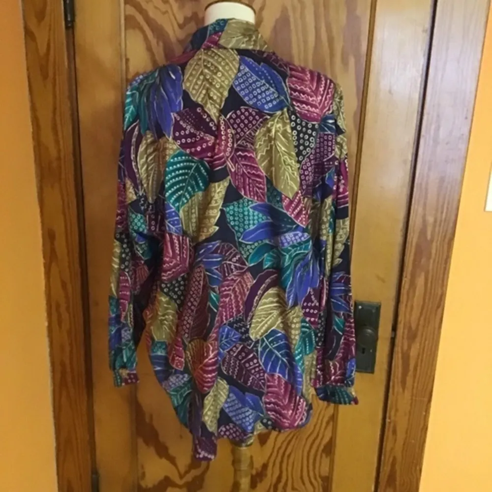 Vintage 80s Leaf Print Button Down Shirt Multicolor Long Sleeve Size 16 - Image 9