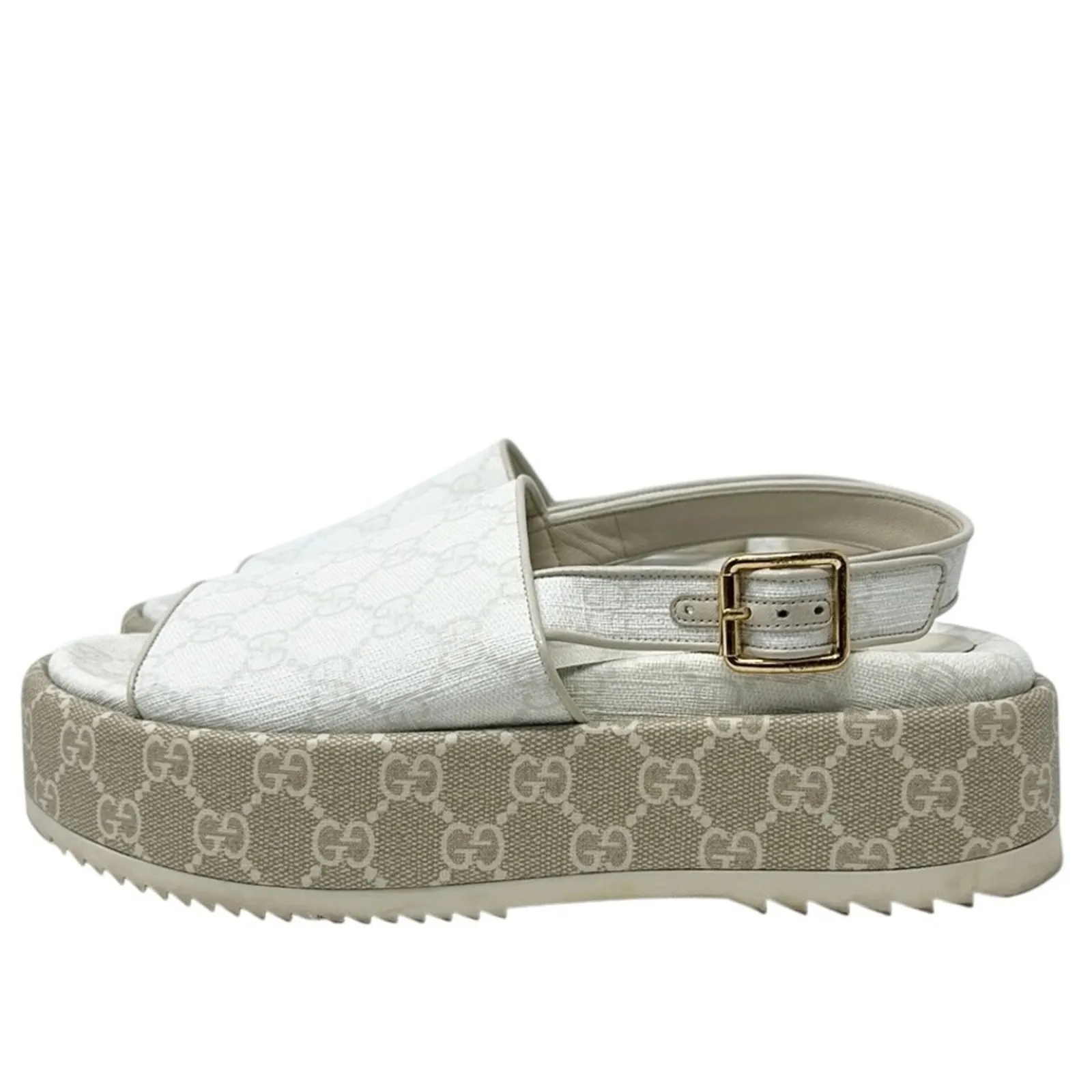 Gucci Angelina GG Canvas Monogram Slingback Platform Slide Sandals White Size 38 - Image 4