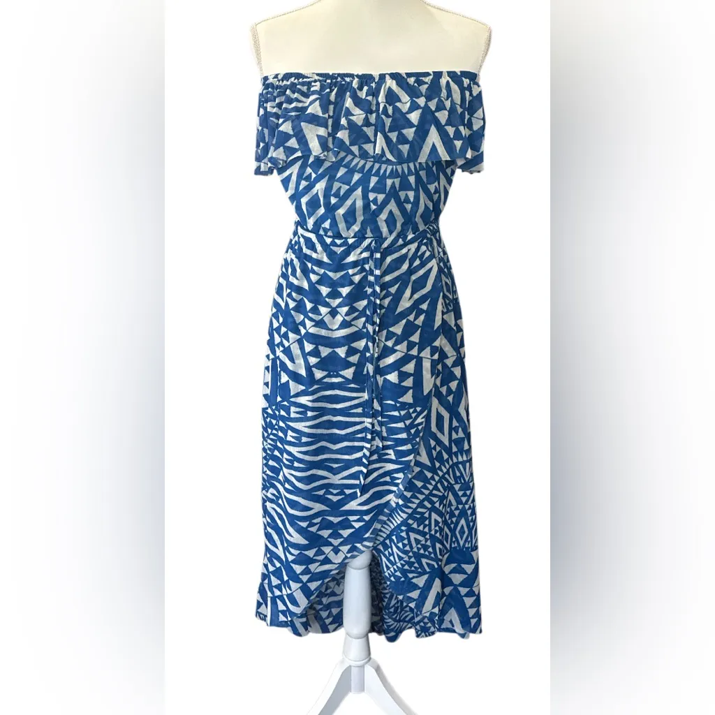 Sweet Pea Anthropologie Blue and White Geometric strapless dress size S - Image 3