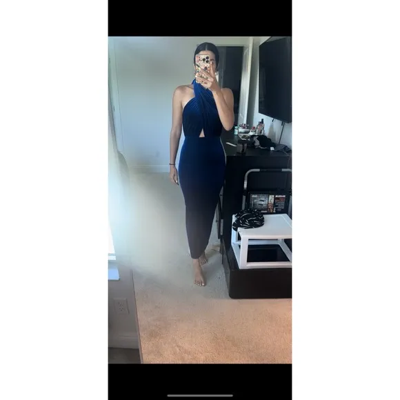 ASOS Velvet Halter Midi Dress Cutout Bodycon Party‎ Cocktail Blue S - Image 3