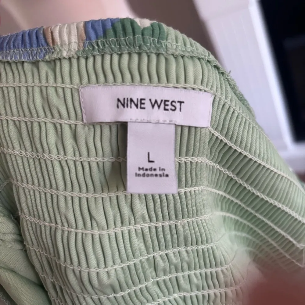 Nine West Green Floral A-Line Midi Green and Blue Patterned Dress Size Large - Image 11