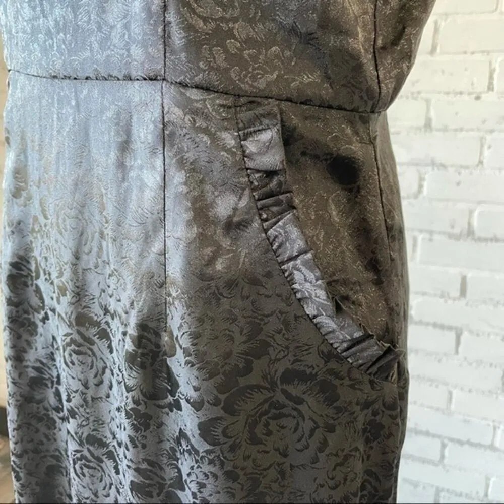 Lulus Black Short Dress Medium Pockets Ruffle Embossed Roses - Image 12