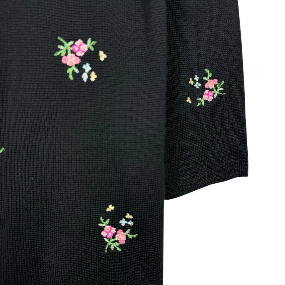 Vintage 90's Cardigan M 100%‎ Silk Knit Floral Embroidered Cottagecore Bow Tie Black Size M - Image 4