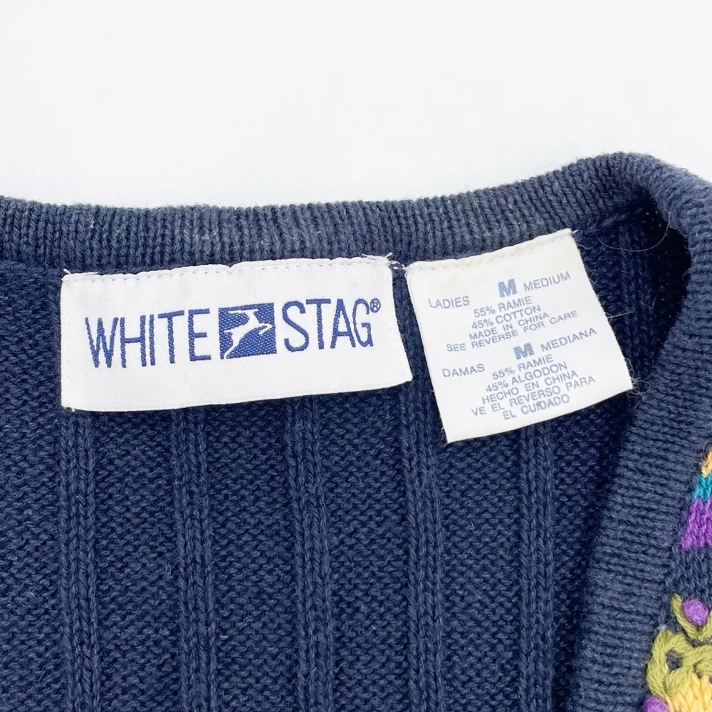 Vintage 90s White Stag Knit Sweater Vest Navy Blue Floral Eclectic Size Medium - Image 4