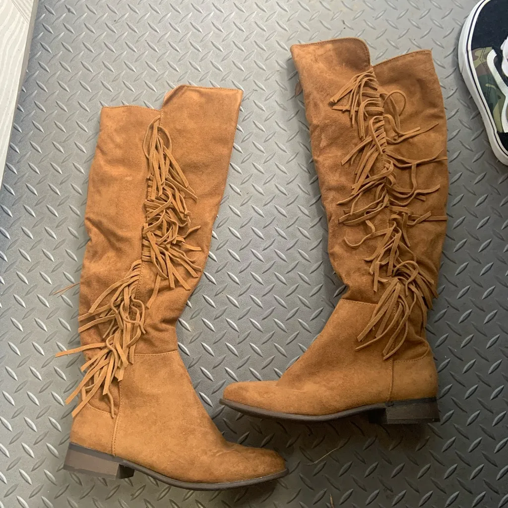 Tan Suede Knee High Fringe Boots mossimo casual classic fall 8 $60 boho - Image 7