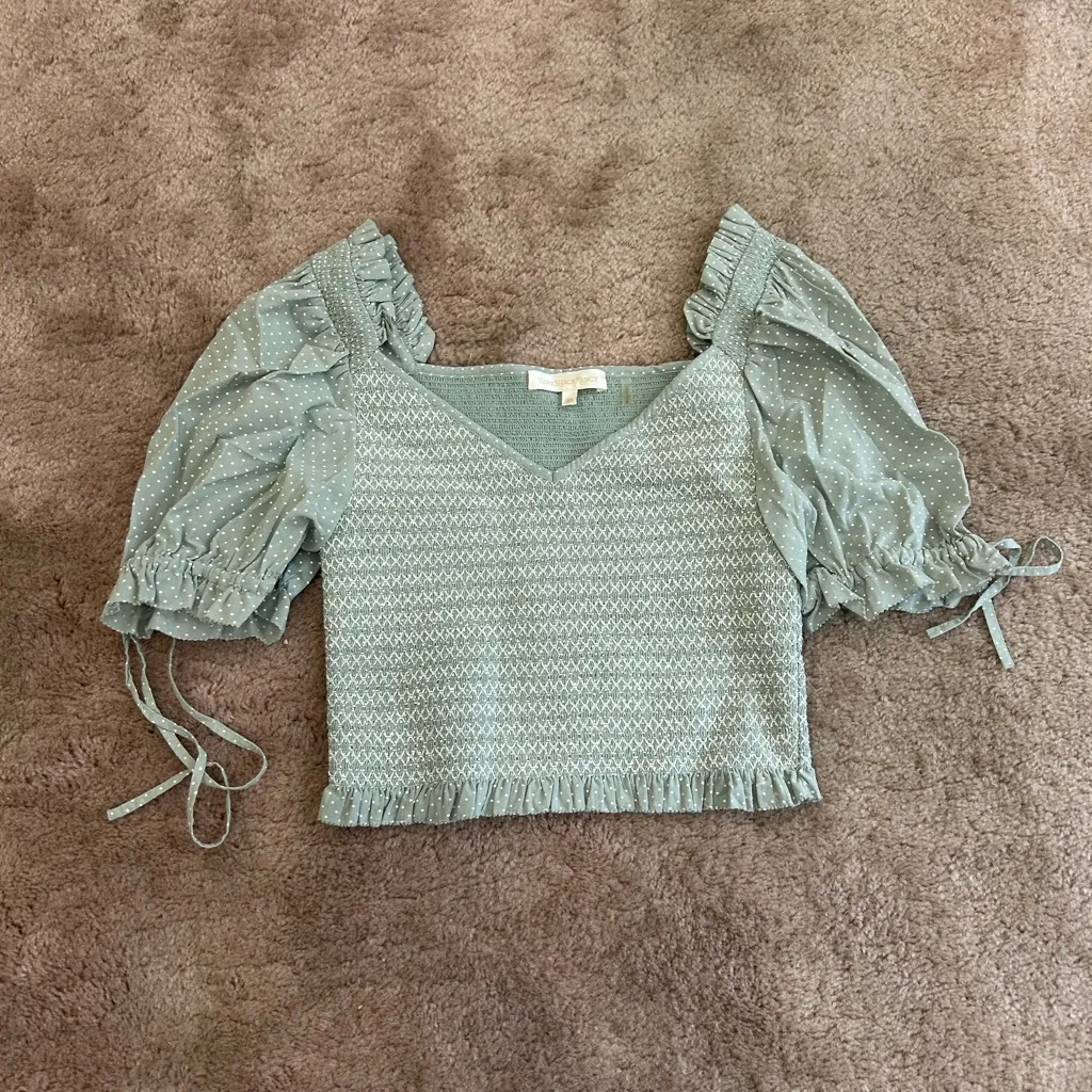 Loveshackfancy Tilly Shirted Green Smocked Polka Dot Milkmaid Top - Image 2