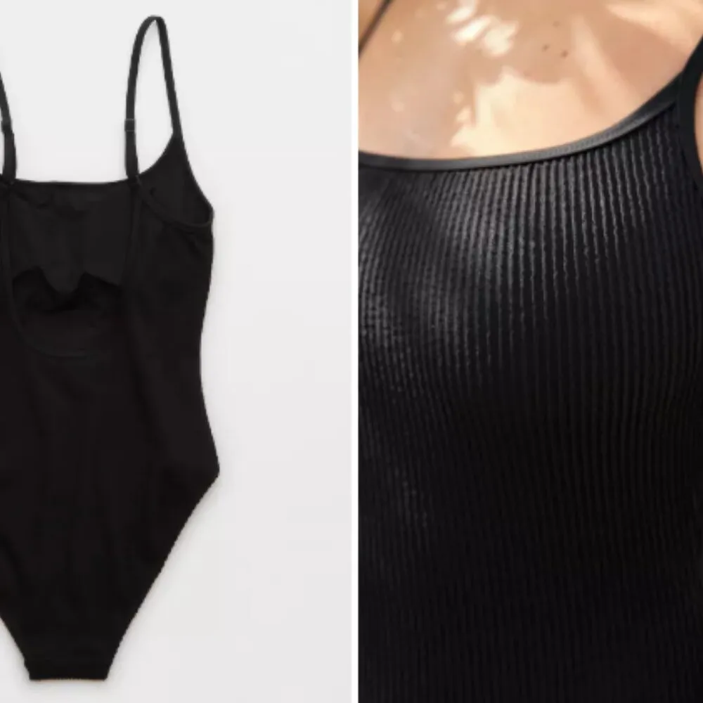 Aerie Black Crinkle Scoop Full Coverage One Piece Swimsuit Size M $55 - Image 3