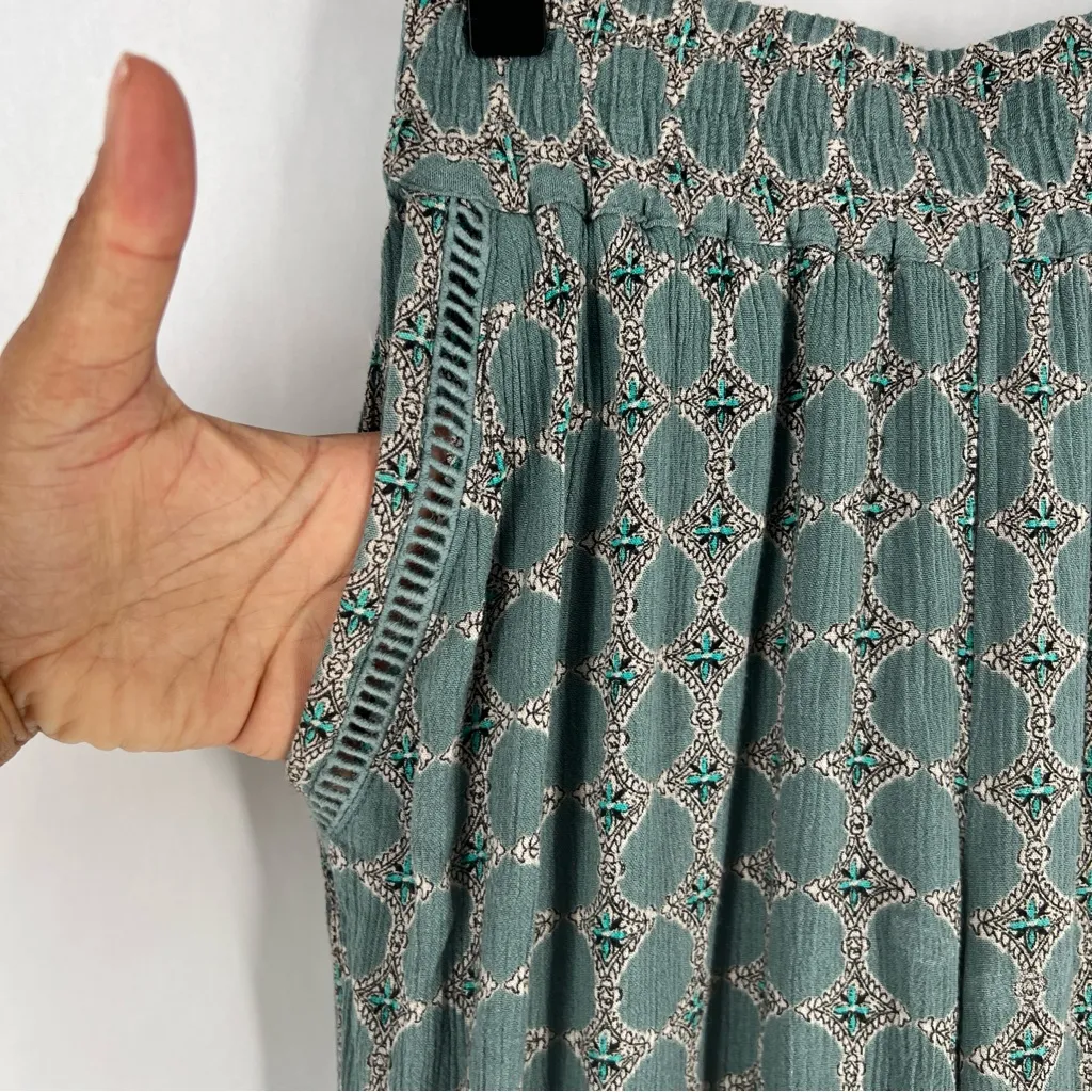 Anthropologie Muted Teal Geometric Patterned Crinkle Rayon Wide Leg Pull On Pant - Image 3