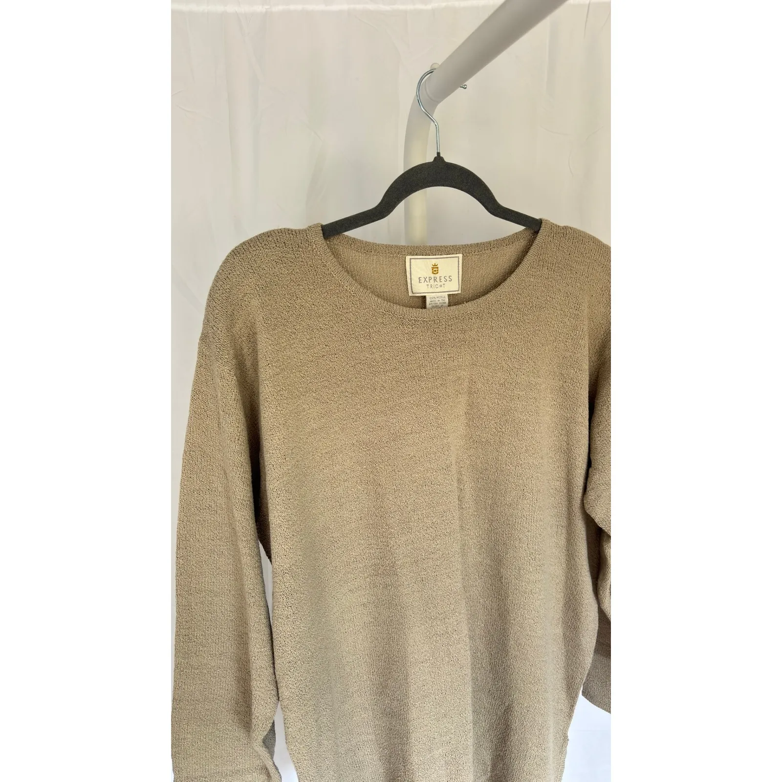 EXPRESS Tricot Knit Sweater Taupe Long Sleeve Crew Neck Women's M - Image 2