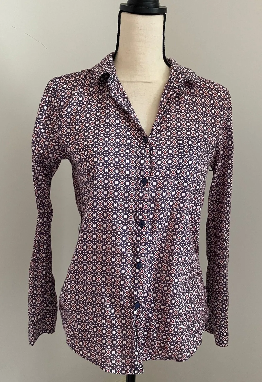 Geometric Print Artsy Button Down Shirt size XS Pink Blue Retro Corpcore Office - Image 1