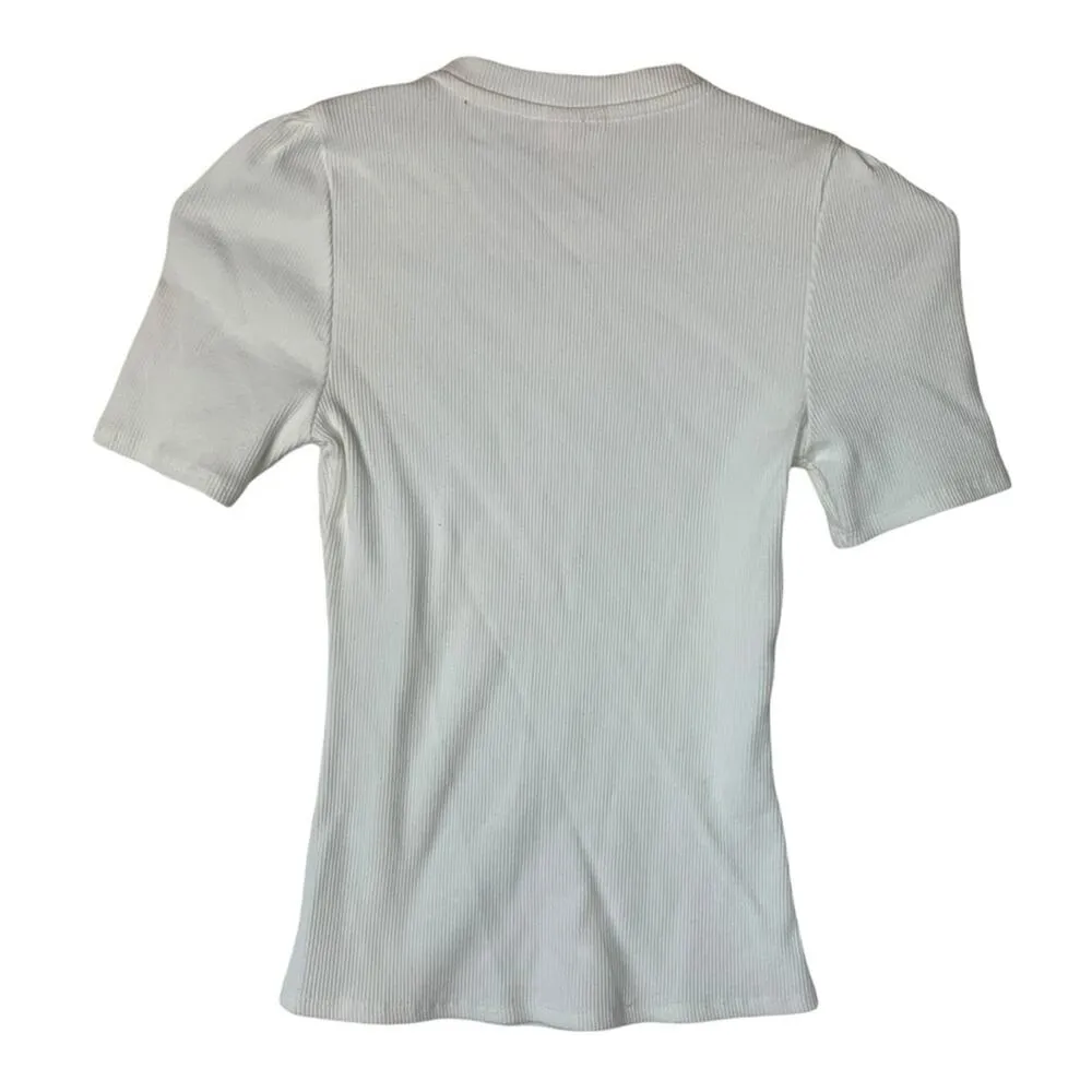 Cinq a Sept womens small white ribbed shirt short sleeve puff mini casual tee - Image 3