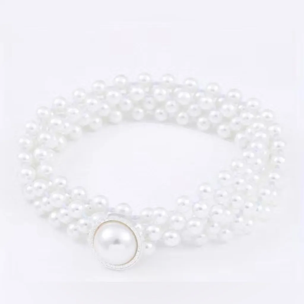 Elegant Faux Pearl Chain Elastic Round Pearl Silver Plated‎ Buckle Belt White - Image 6
