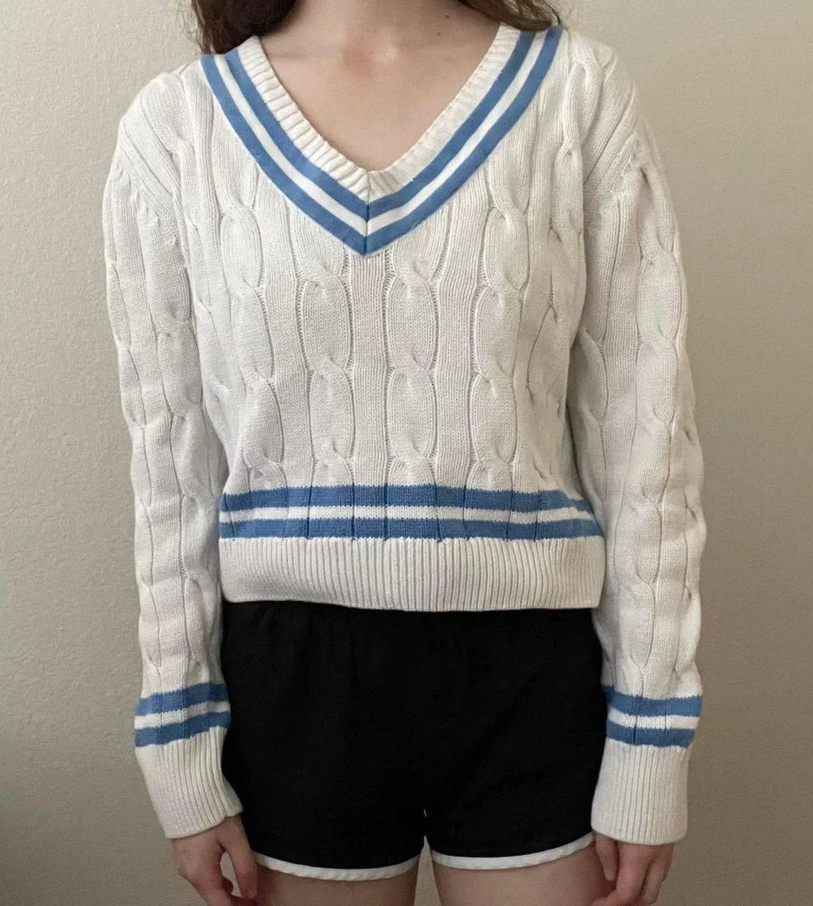 white and blue v neck knit sweater - Image 3