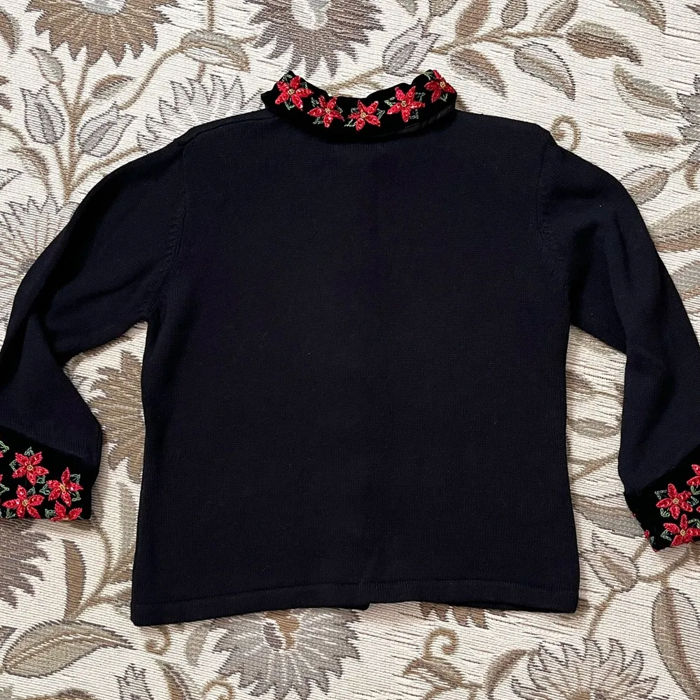 Vintage Tiara International Sweater Cardigan Poinsettia Sequins 2003 M Medium Red - Image 4