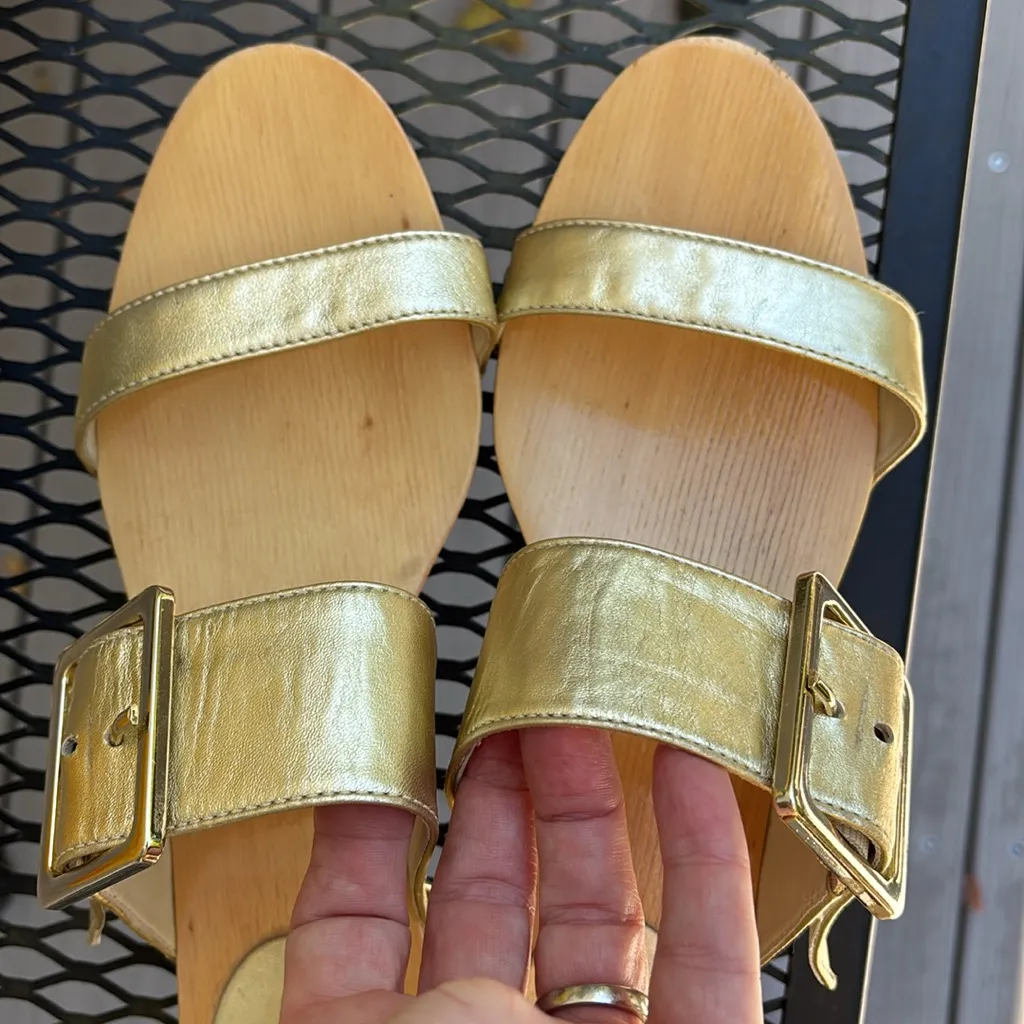 Kate Spade gold double adjustable buckles strap wooden round heel Sandals - Image 4