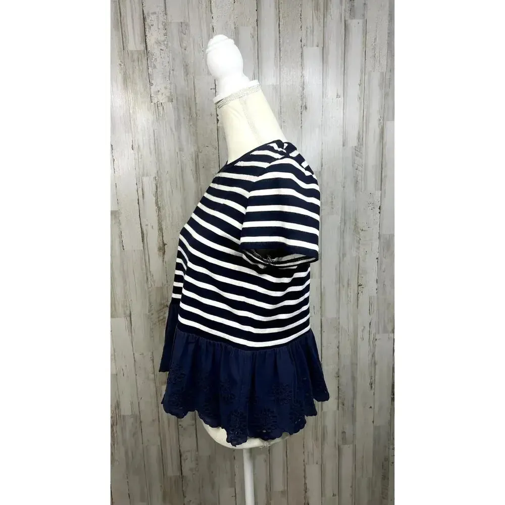 Kate Spade Women's Small Blue/White Striped Short Sleeve‎ Peplum Eyelet Blouse - Image 6