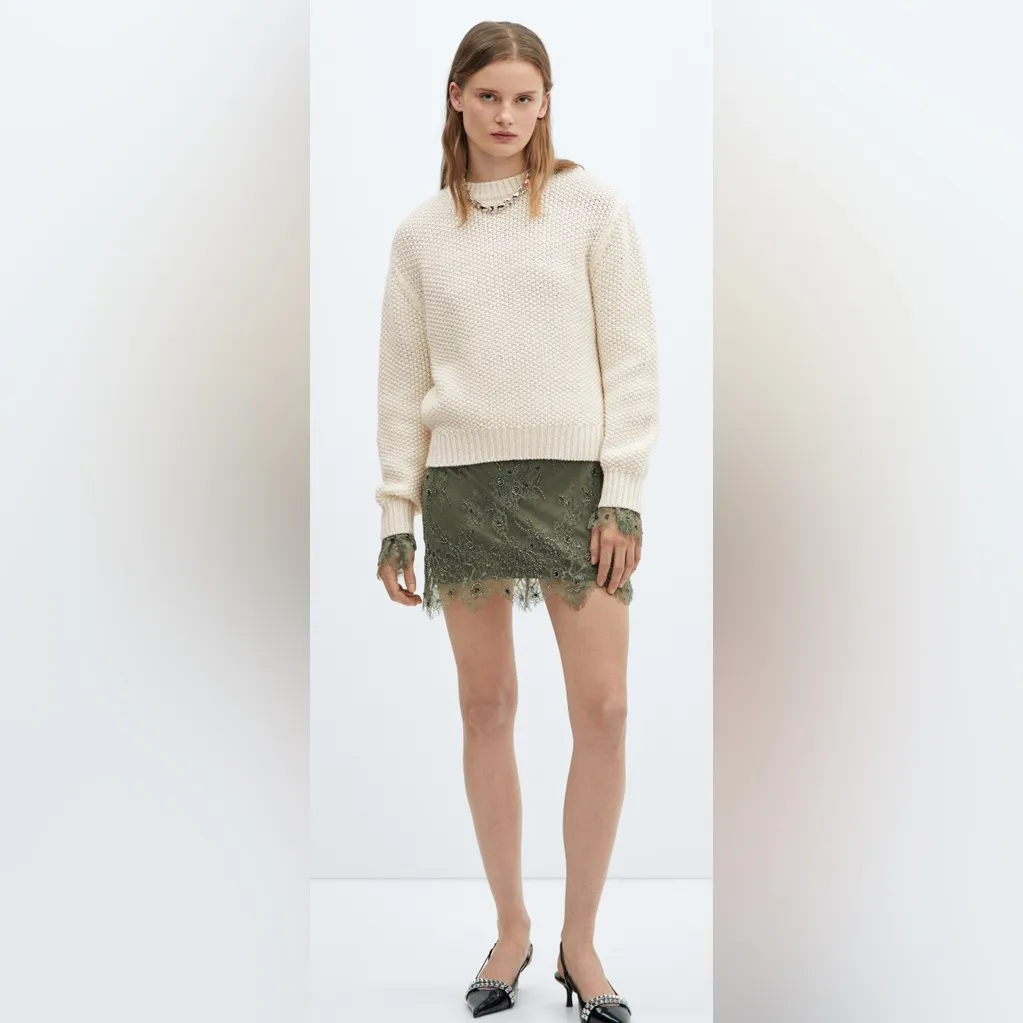 Mango Women’s Ivory‎ Round Spring Neck Knitted Sweater Size Small - Image 4