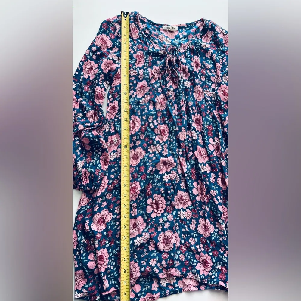 Billabong women long sleeve floral blue crinkle dress deep V neck with strings S - Image 4