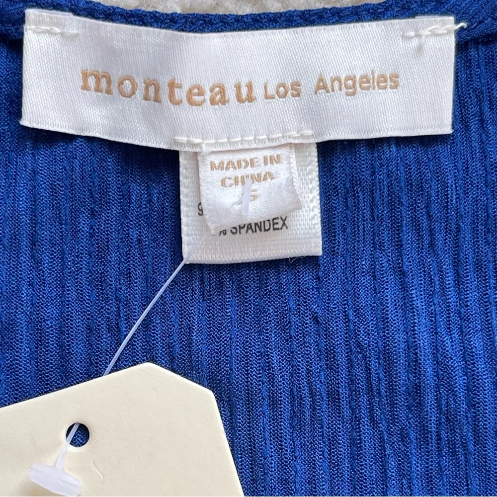 Monteau Blue Crinkle Jumpsuit Women’s Size S Belted Sleeveless Wide Leg - Image 8