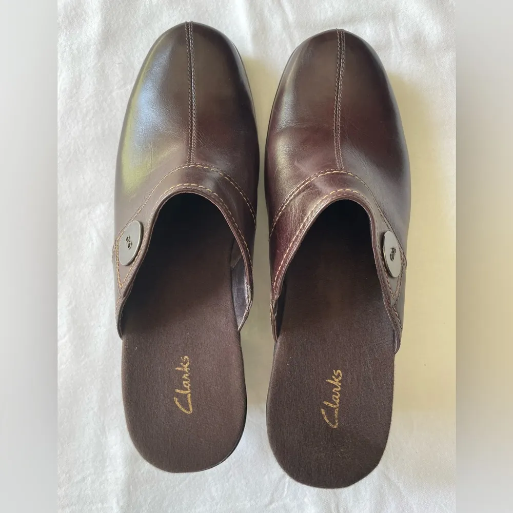 Clarks Aimee Women’s Brown Leather Slip-On Shoes Mules Clogs Mob Wives - Image 3