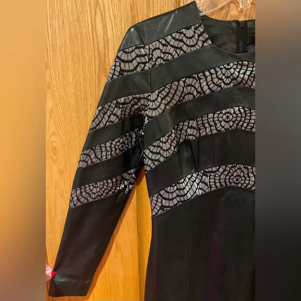Armani Exchange A/X 100% Lamb Leather & Lace Long Sleeve Mini Dress Black Size 4 - Image 3