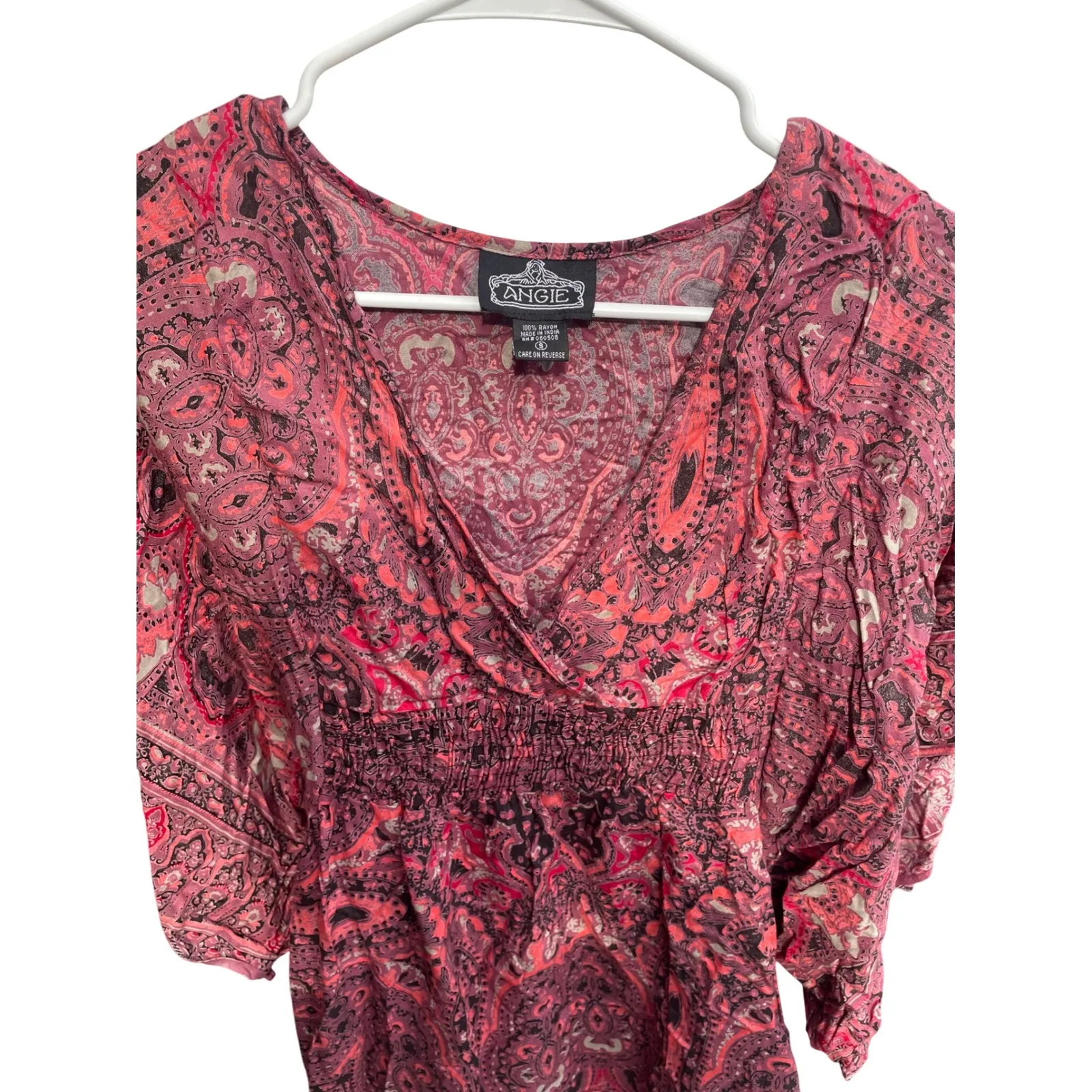 Angie‎ Pink Paisley Rayon Smocked Waist Kaftan Tunic Top Boho Bohemian Small - Image 2