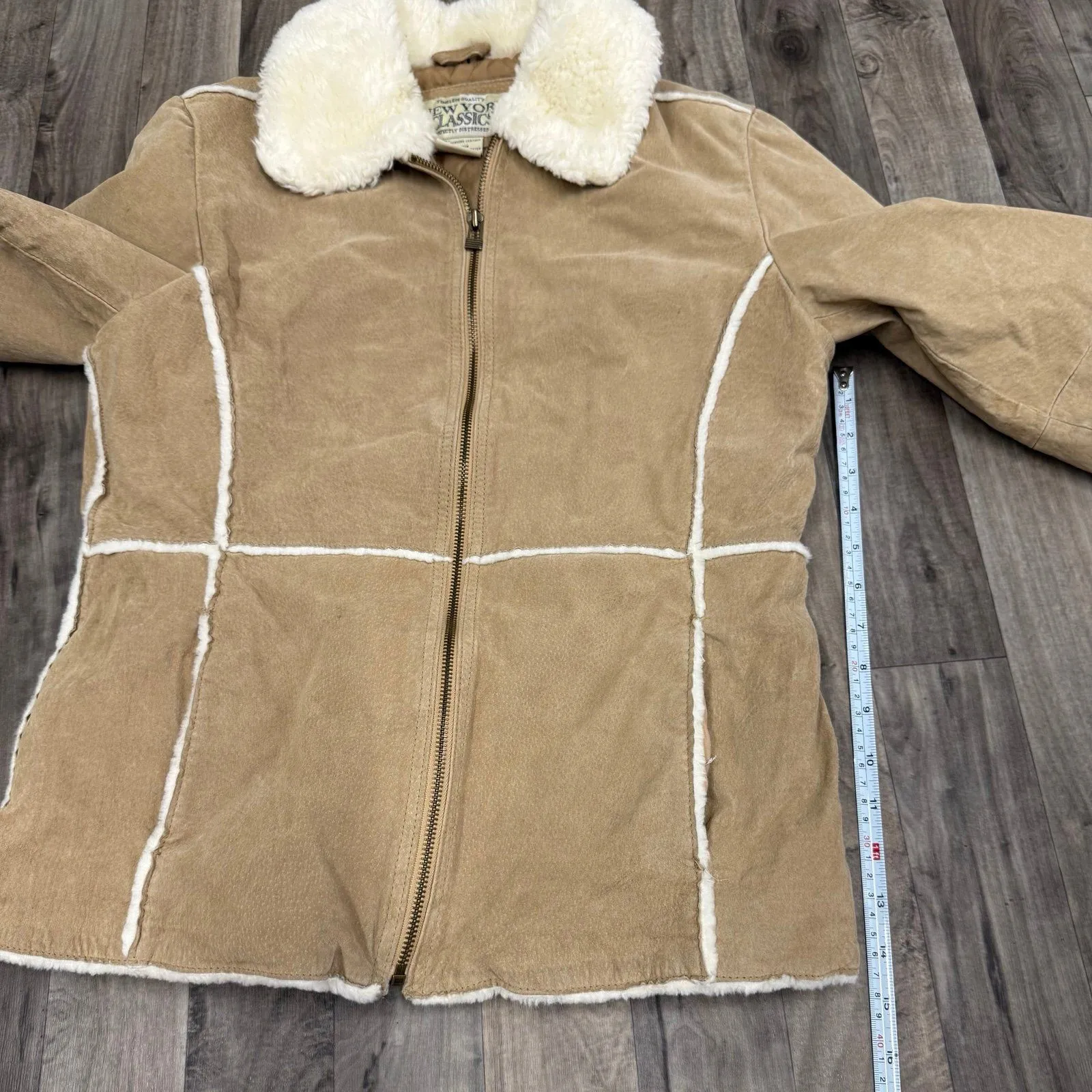 Vintage New York Classics leather fur Borg collared jacket coat Tan Size M - Image 5