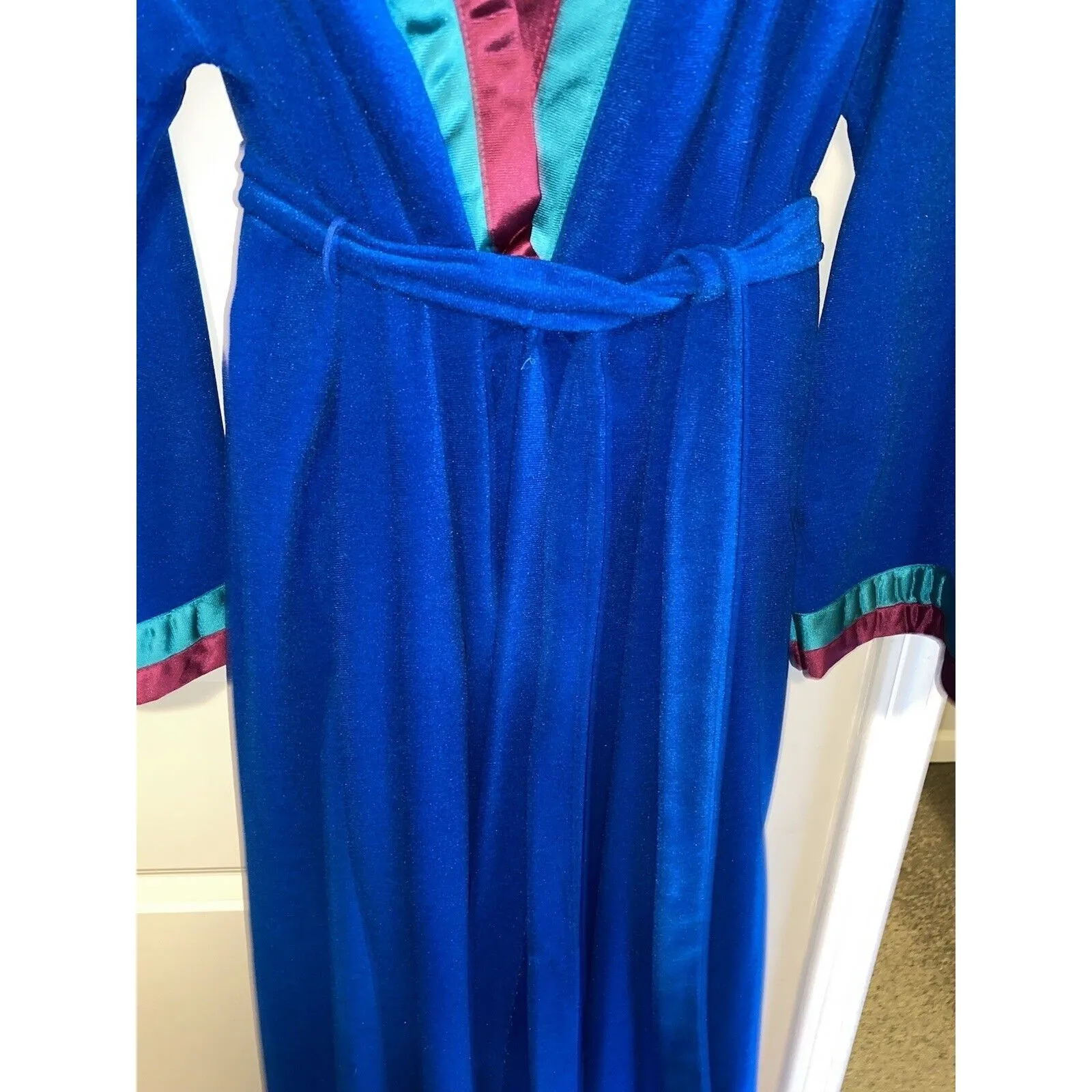 VTG 80s Vanity Fair Burgundy Teal Velvet Housecoat Long Robe Women’s Sz L USA - Image 6